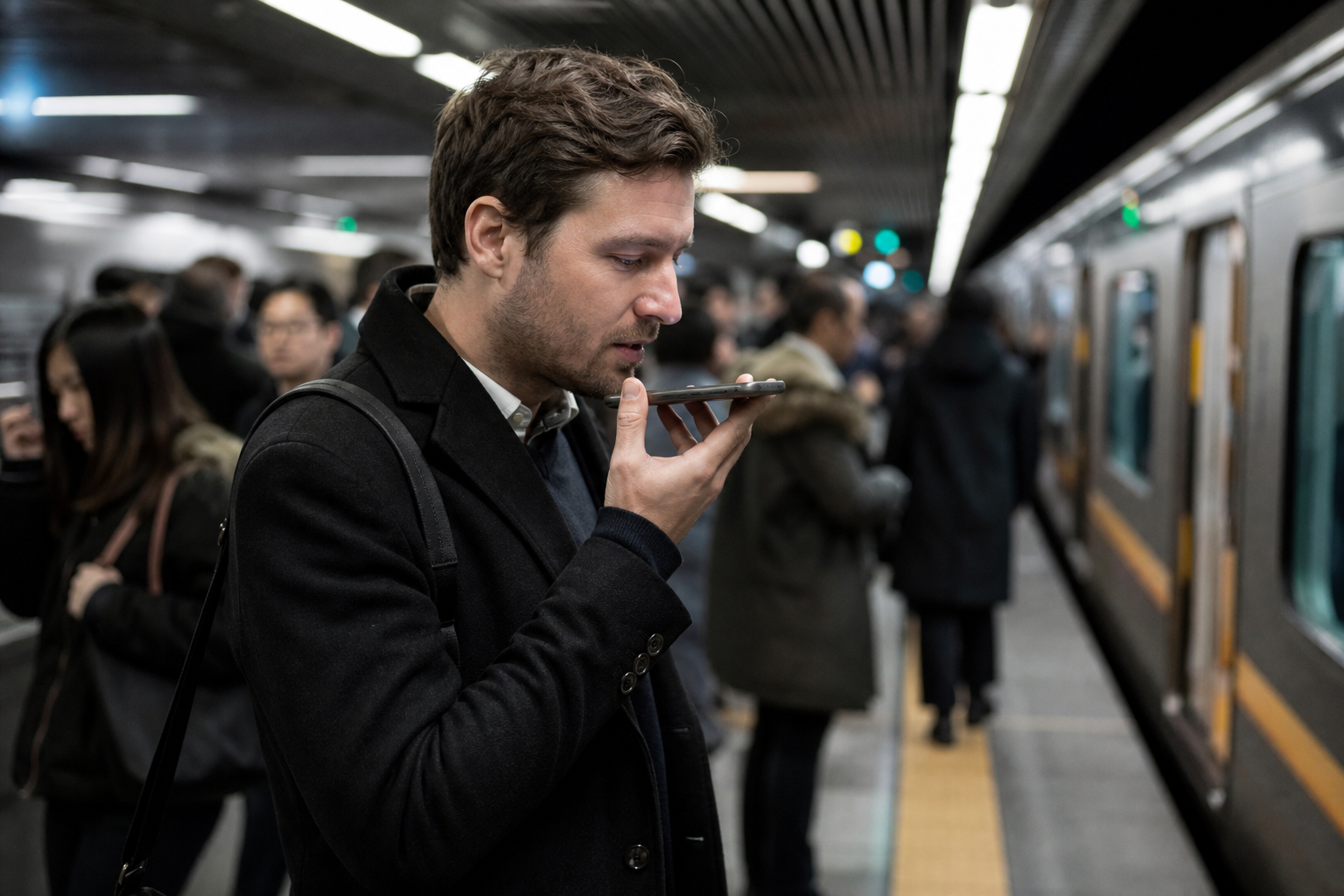 Pessoa usando o Rollup Money por voz no metrô em horário de pico