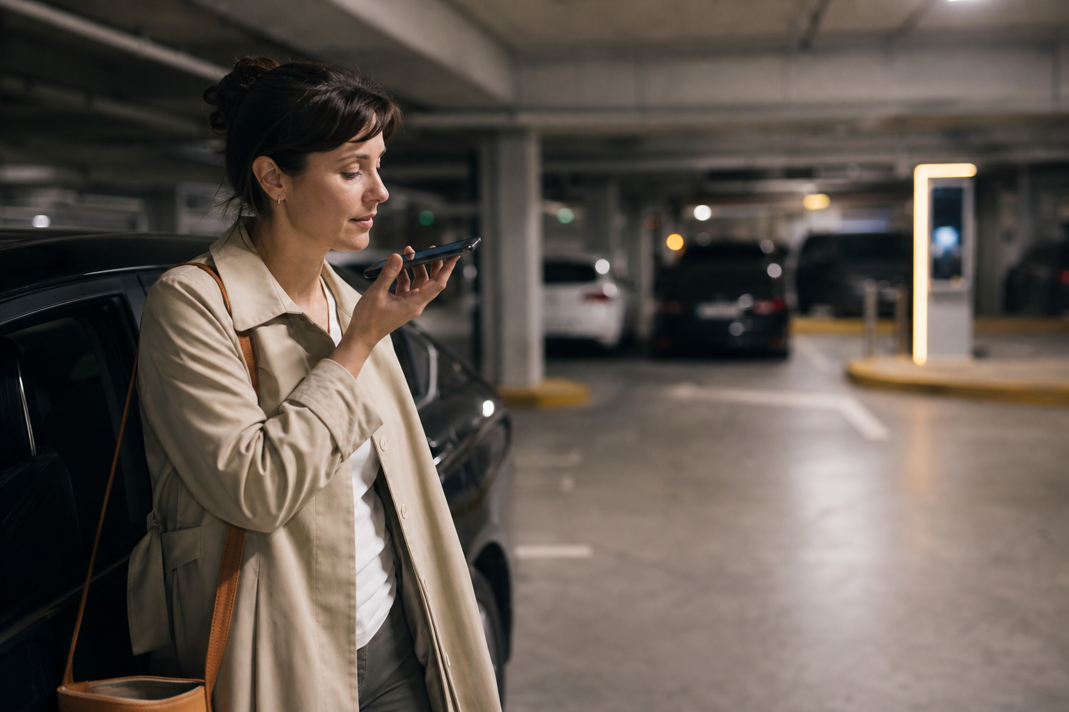 Pessoa registrando uma despesa por voz em um estacionamento subterrâneo